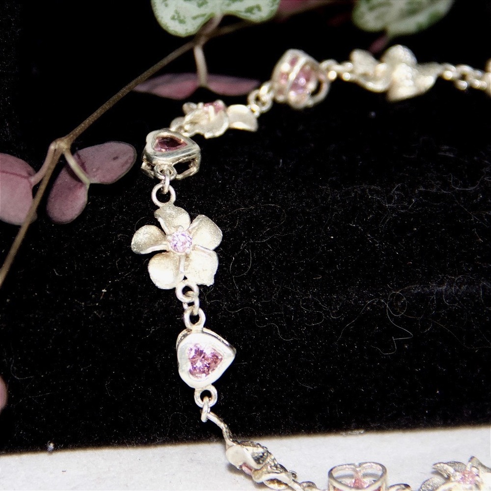 Sterling‎ Silver Pink Heart and Plumeria Flower Link Bracelet 7.5 Inch